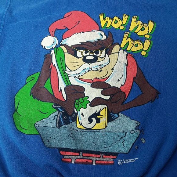 Vintage Looney Tunes Christmas Taz Santa Ho Ho Ho L Sweatshirt Blue Tultex USA - Picture 3 of 16